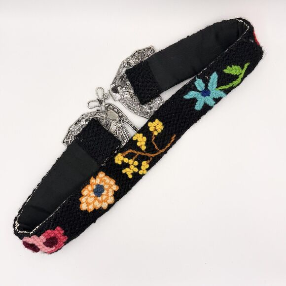 Vintage Embroidered Wool Belt Butterfly Clasp Floral Folk Art Boho 60s 70s main image 8